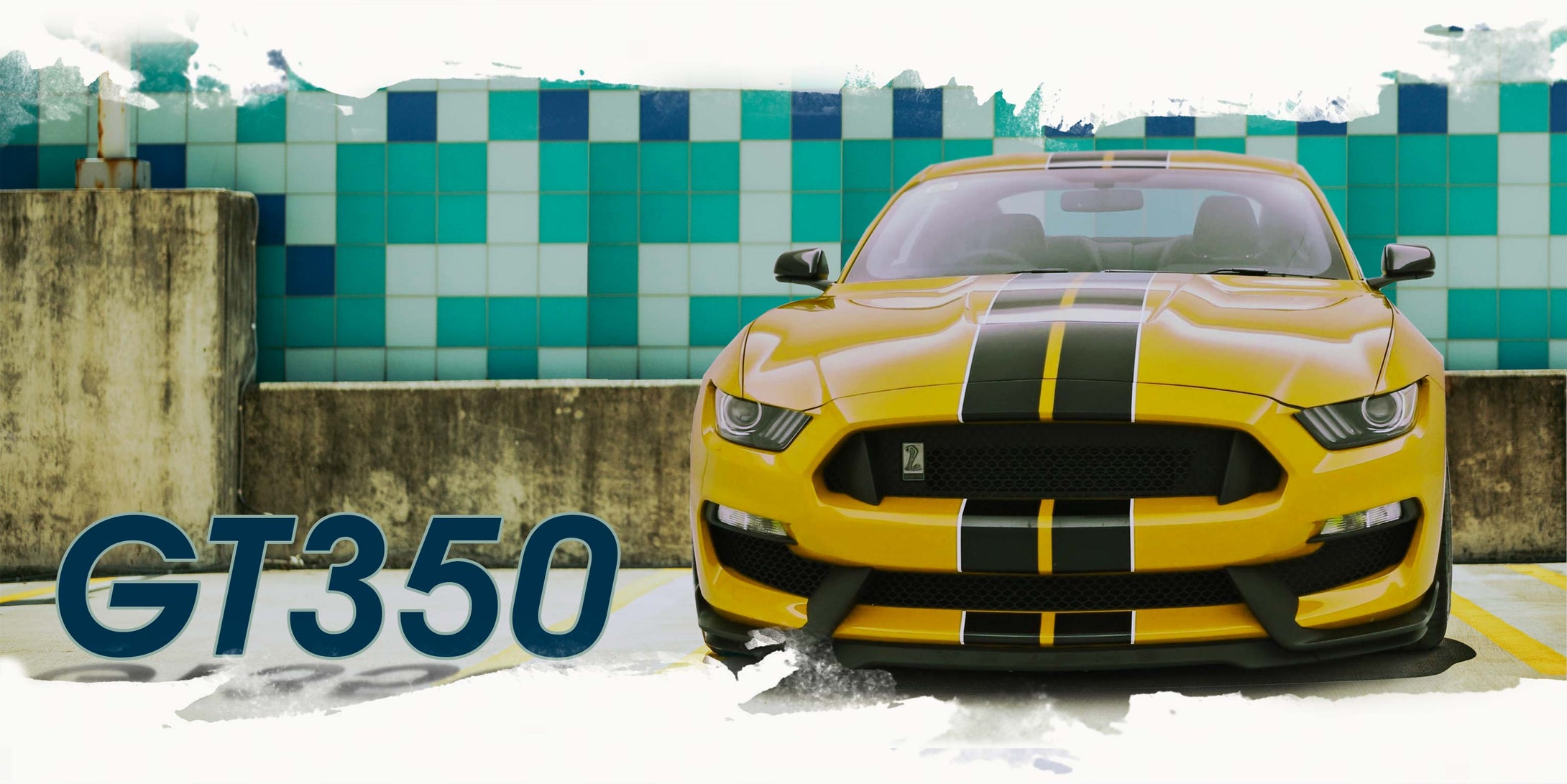 a yellow Shelby GT350 Mustang with glossy black racing stripes with white pinstriping