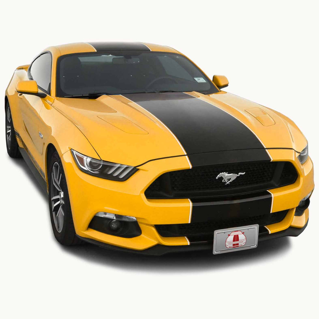 Matte Black PRE-CUT Center Racing Stripe with Pinstripes (Super Snake): 15-20 Inch FULL KIT (2015, 2016, 2017 Mustang)