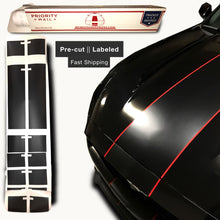 Matte Black PRE-CUT Center Racing Stripe with Pinstripes (Super Snake): 15-20 Inch FULL KIT (2015, 2016, 2017 Mustang)